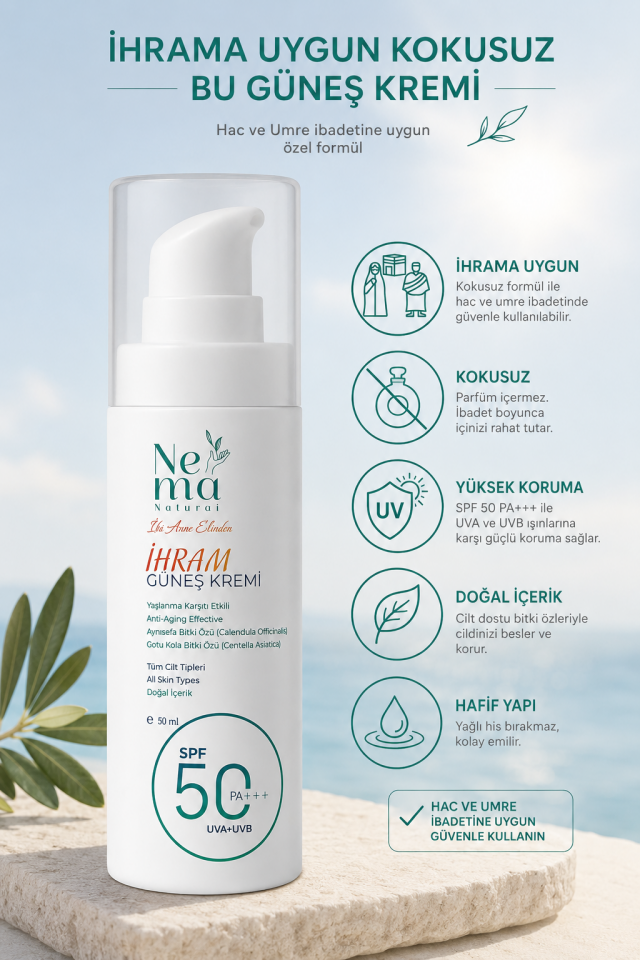 NEMA NATURAL İHRAMA UYGUN KOKUSUZ GÜNEŞ KREMİ 50+ SPF